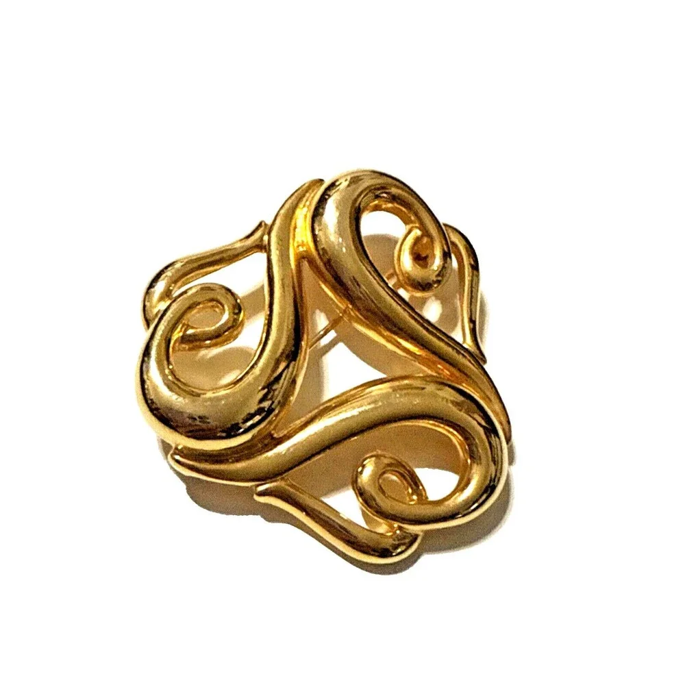 Vintage FIF Abstract Hearts Brooch Art Nouveau Gold Tone Openwork Pin 1.75